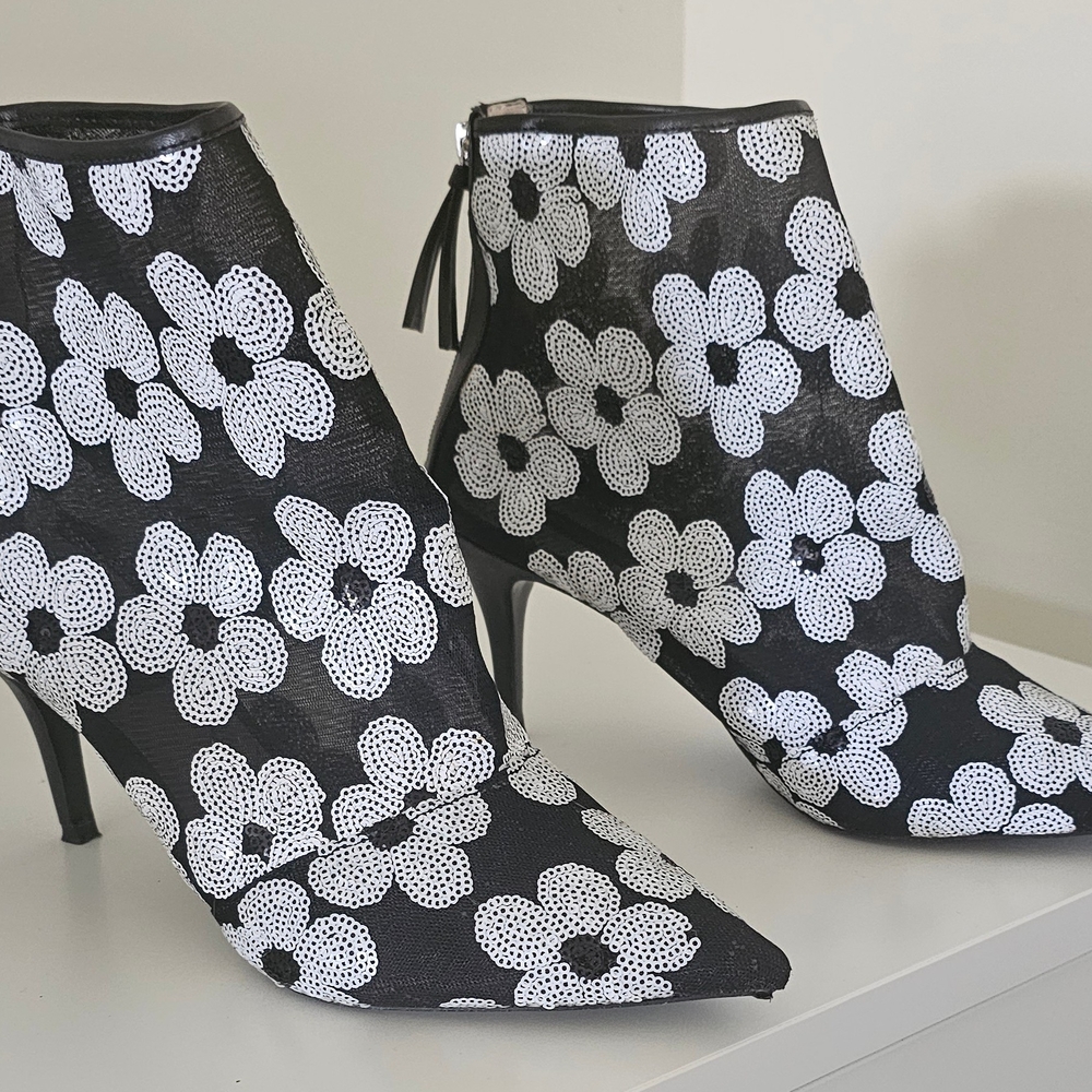 Floral Black and White Ankle Boots